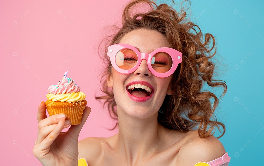 Mulher feliz usando óculos de novidade segurando cupcake