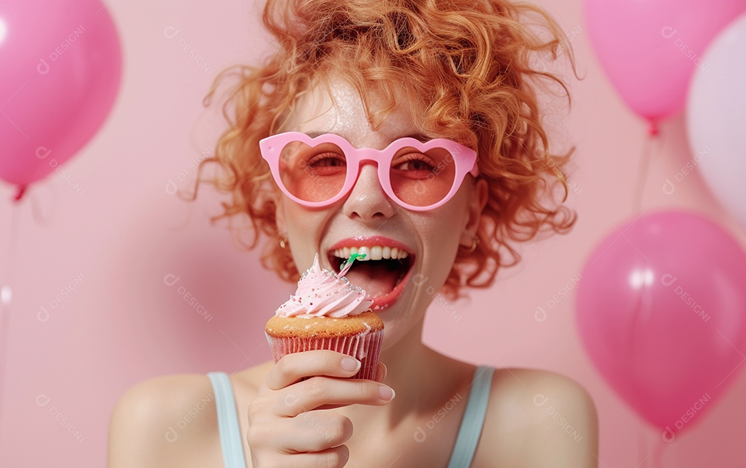 Mulher feliz usando óculos de novidade segurando cupcake