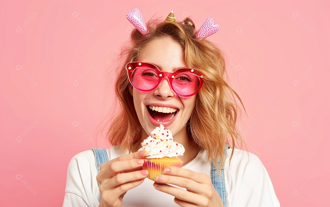 Mulher feliz usando óculos de novidade segurando cupcake