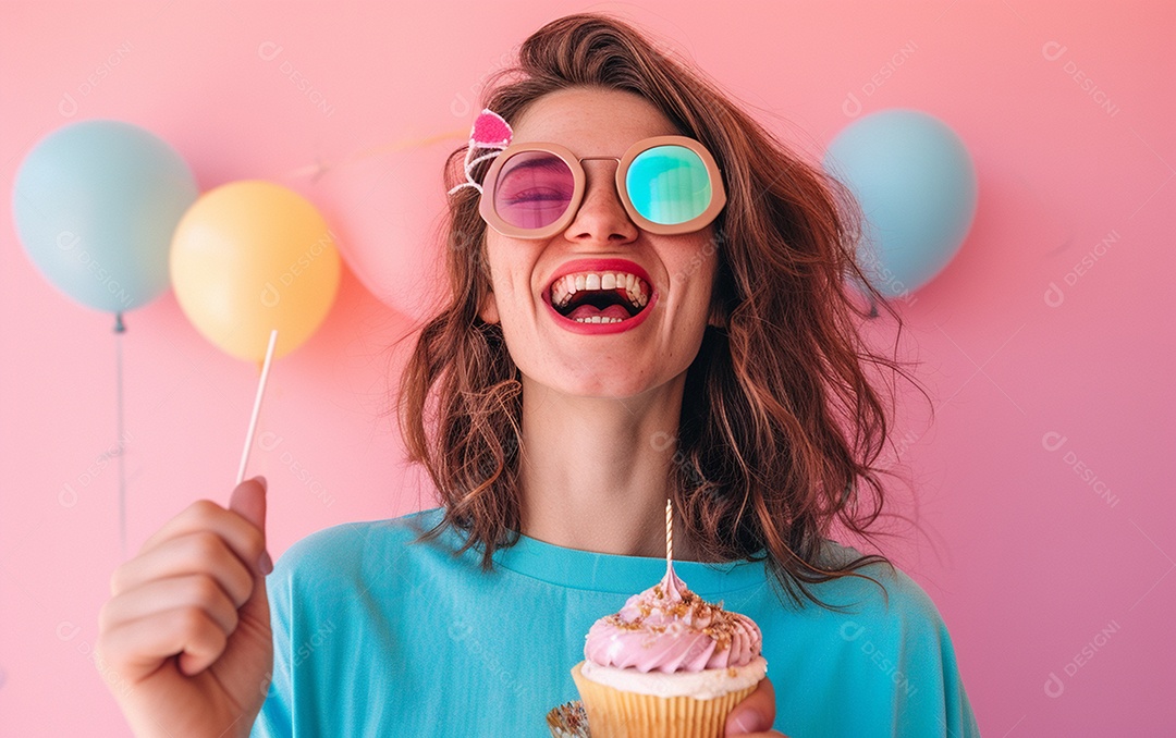 Mulher feliz usando óculos de novidade segurando cupcake