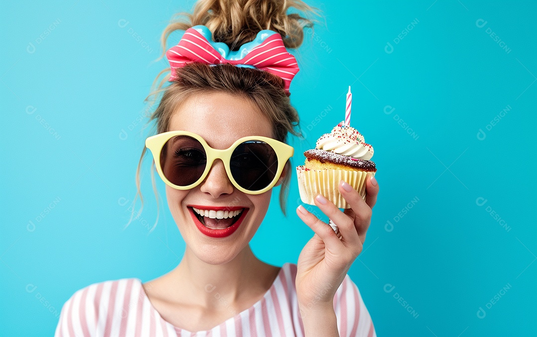 Mulher feliz usando óculos de novidade segurando cupcake