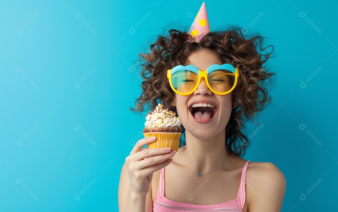 Mulher feliz usando óculos de novidade segurando cupcake