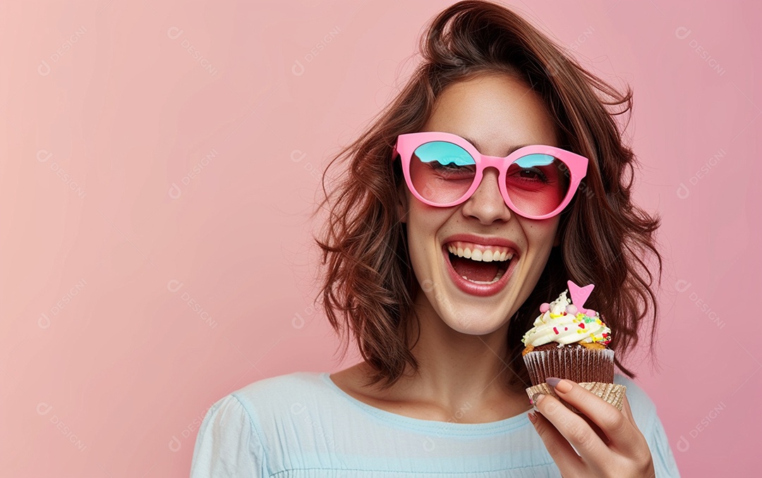 Mulher feliz usando óculos de novidade segurando cupcake