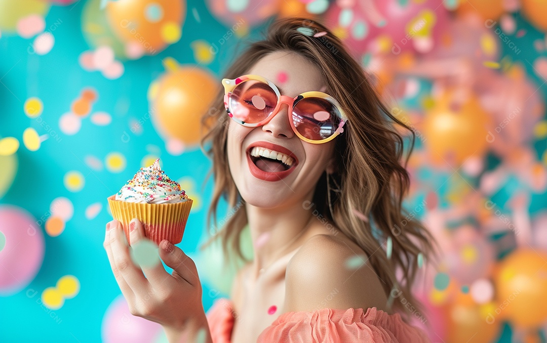 Mulher feliz usando óculos de novidade segurando cupcake