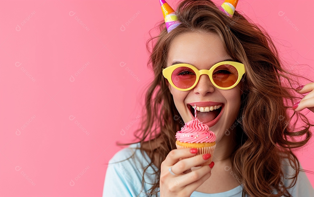 Mulher feliz usando óculos de novidade segurando cupcake