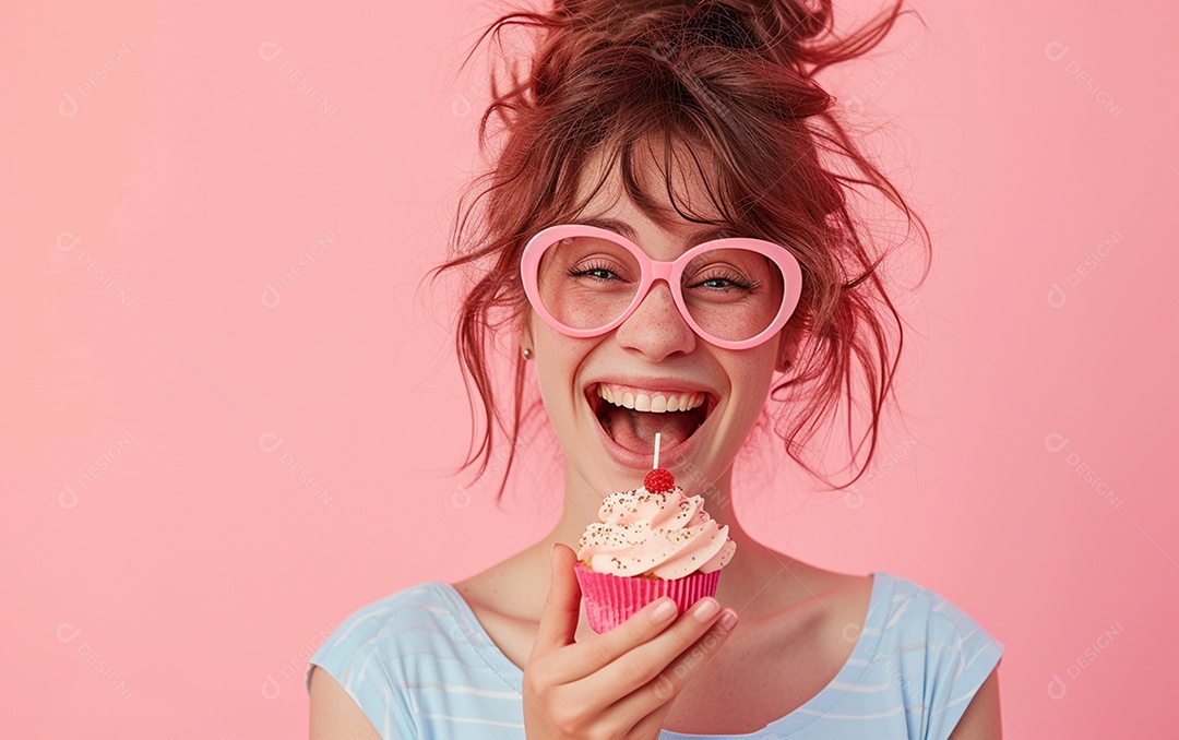 Mulher feliz usando óculos de novidade segurando cupcake