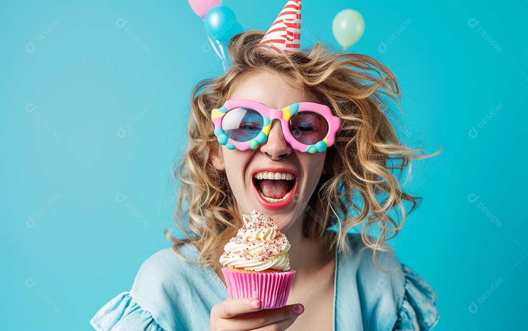 Mulher feliz usando óculos de novidade segurando cupcake