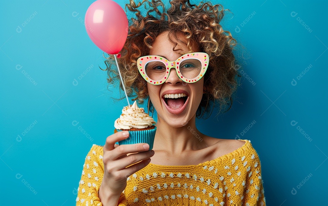 Mulher feliz usando óculos de novidade segurando cupcake