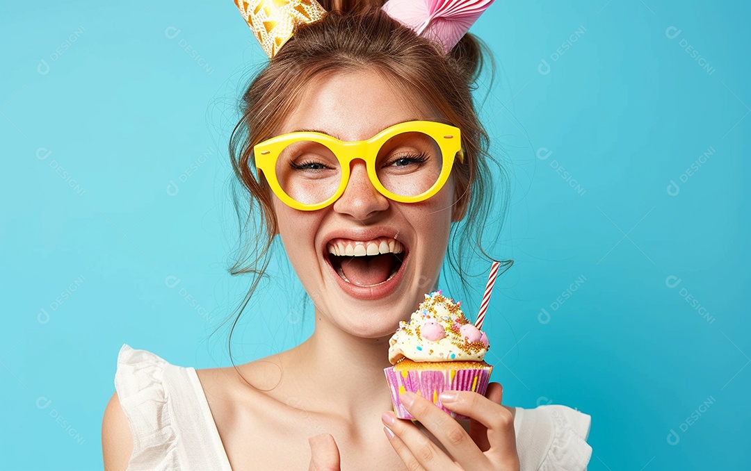 Mulher feliz usando óculos de novidade segurando cupcake