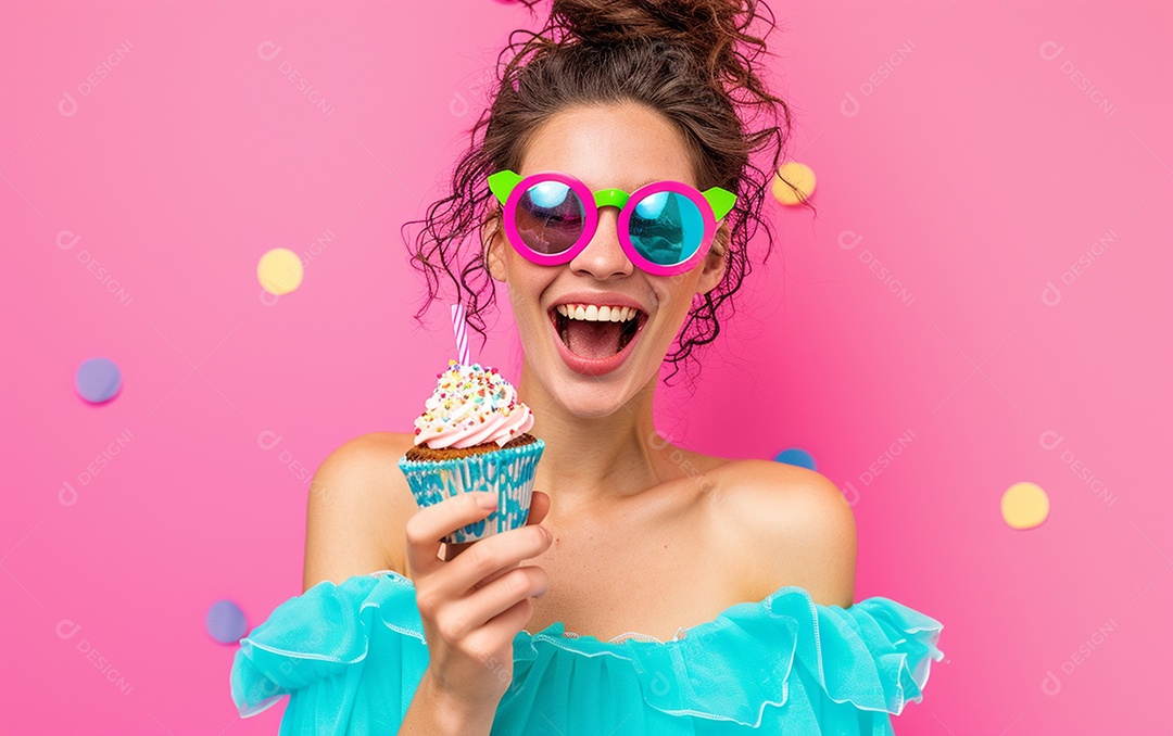 Mulher feliz usando óculos de novidade segurando cupcake