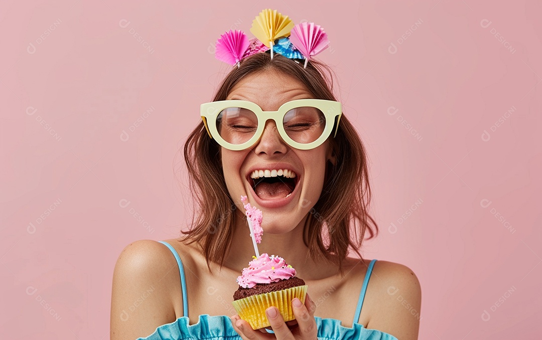 Mulher feliz usando óculos de novidade segurando cupcake