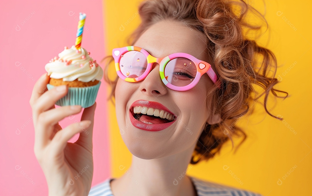 Mulher feliz usando óculos de novidade segurando cupcake