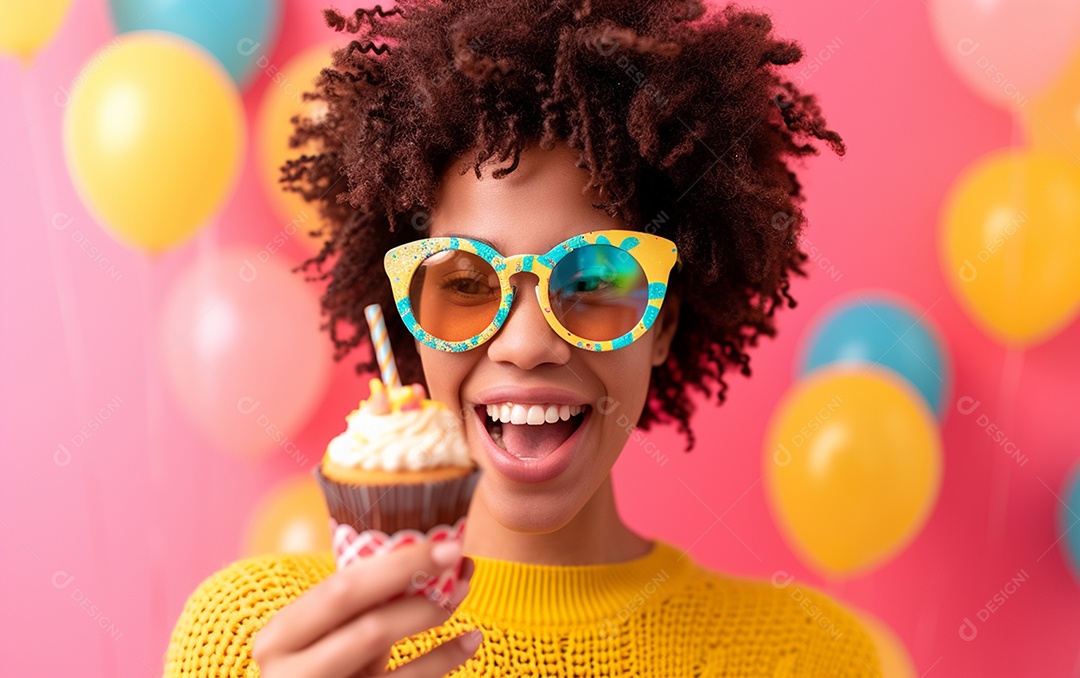 Mulher feliz usando óculos de novidade segurando cupcake