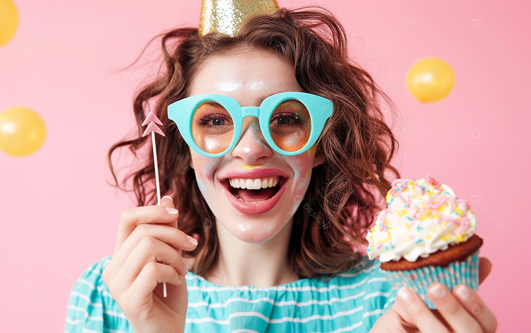 Mulher feliz usando óculos de novidade segurando cupcake