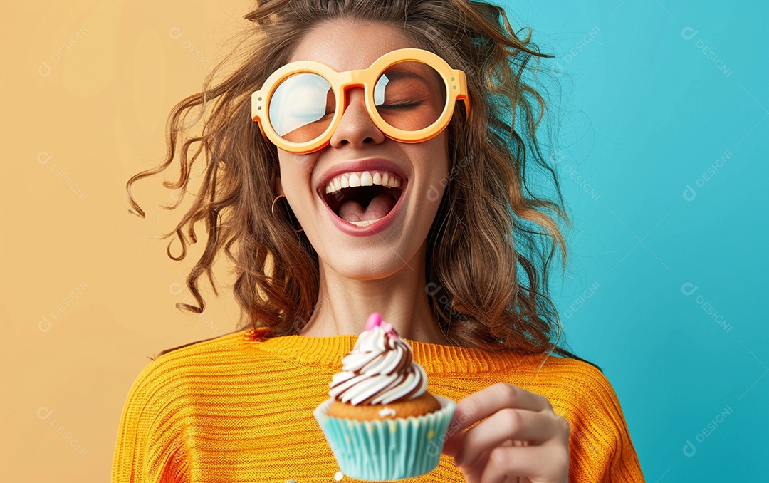 Mulher feliz usando óculos de novidade segurando cupcake