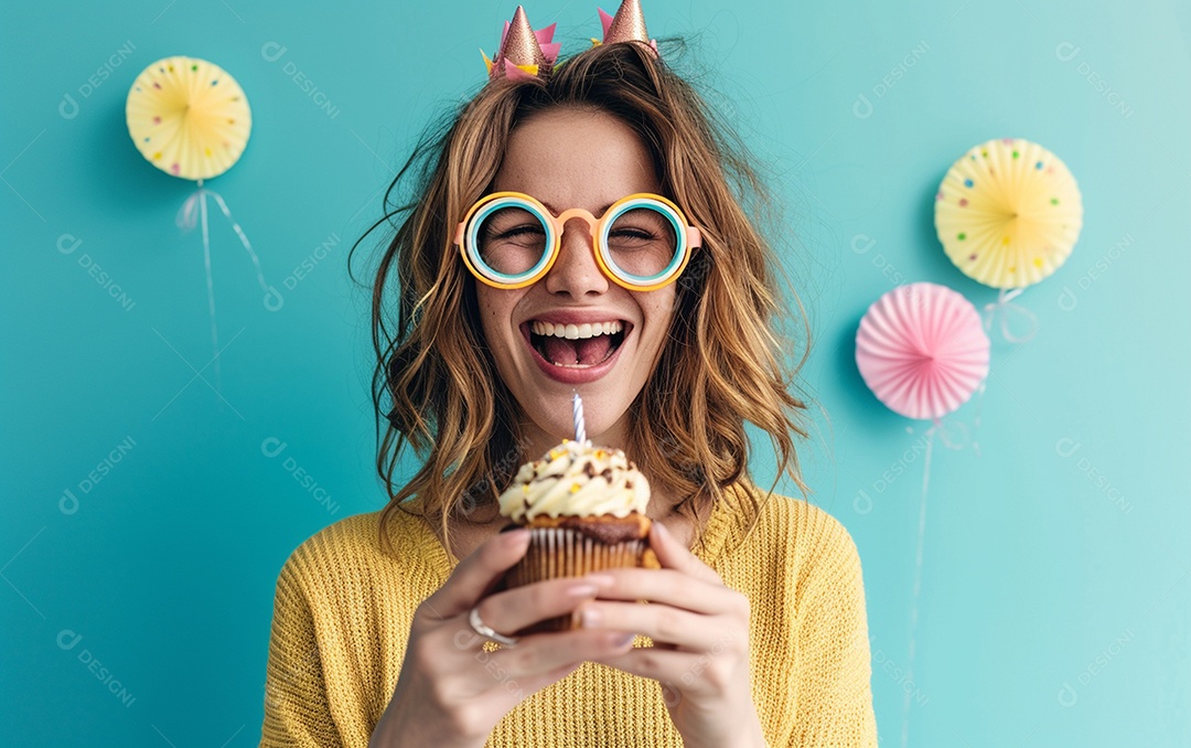 Mulher feliz usando óculos de novidade segurando cupcake