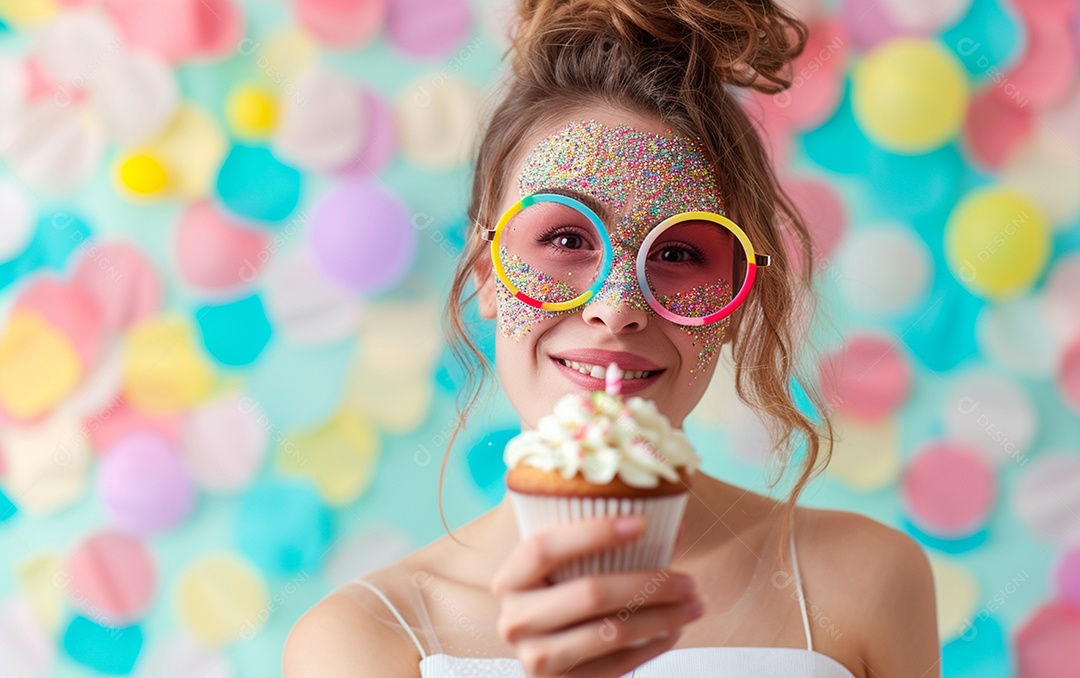 Mulher feliz usando óculos de novidade segurando cupcake