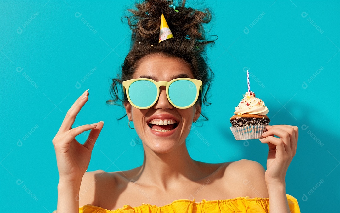 Mulher feliz usando óculos de novidade segurando cupcake