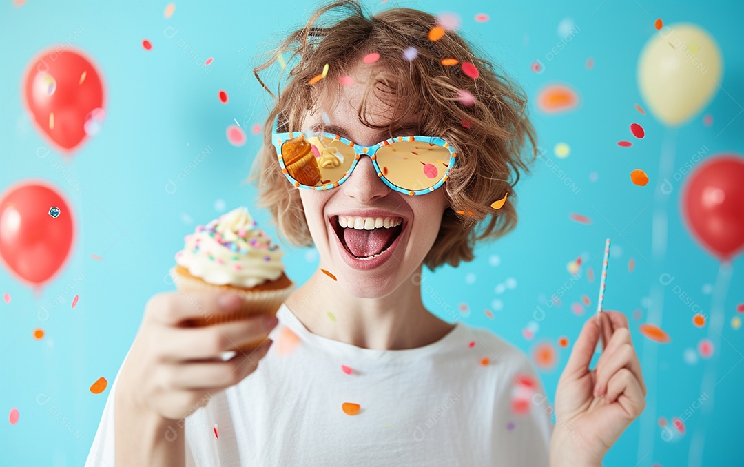 Mulher feliz usando óculos de novidade segurando cupcake