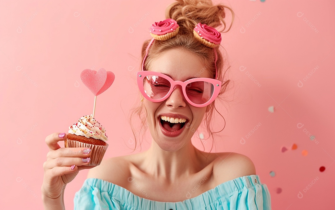 Mulher feliz usando óculos de novidade segurando cupcake