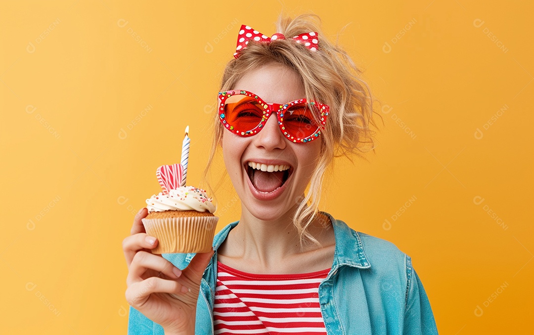 Mulher feliz usando óculos de novidade segurando cupcake