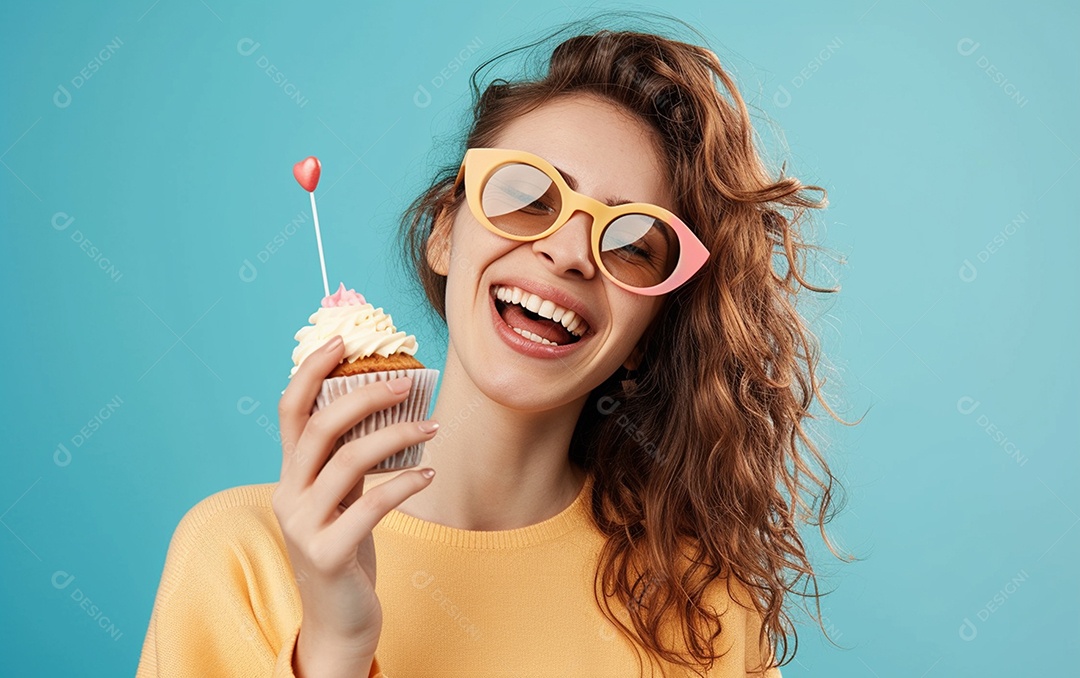 Mulher feliz usando óculos de novidade segurando cupcake
