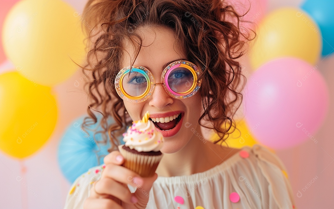 Mulher feliz usando óculos de novidade segurando cupcake