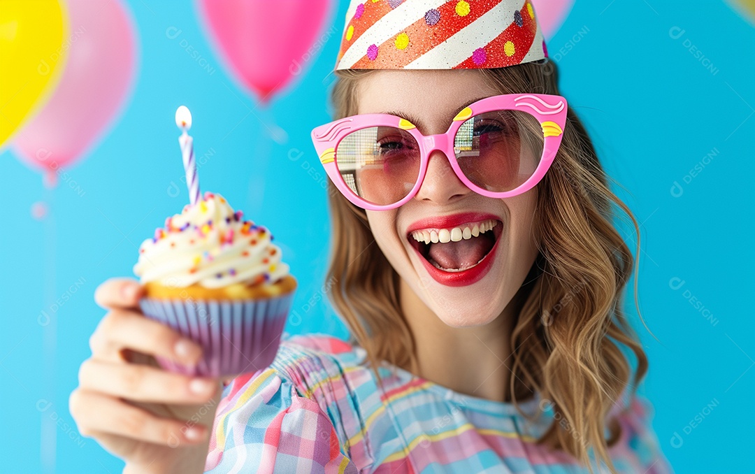 Mulher feliz usando óculos de novidade segurando cupcake