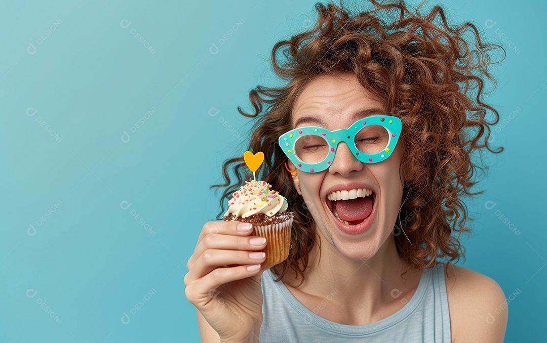 Mulher feliz usando óculos de novidade segurando cupcake