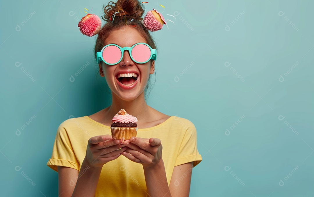 Mulher feliz usando óculos de novidade segurando cupcake