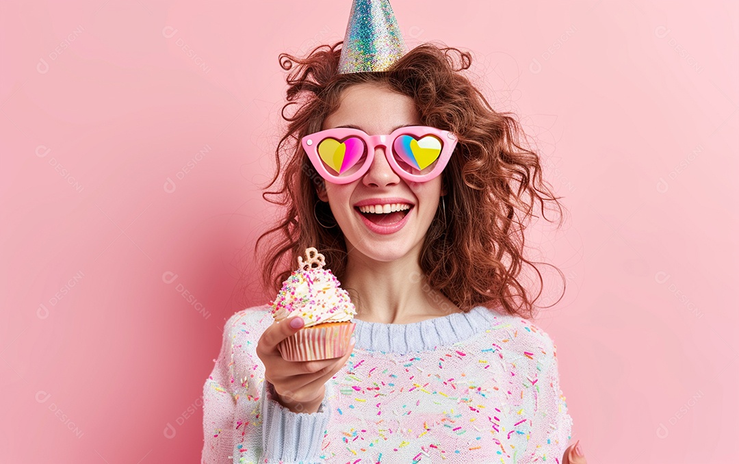 Mulher feliz usando óculos de novidade segurando cupcake