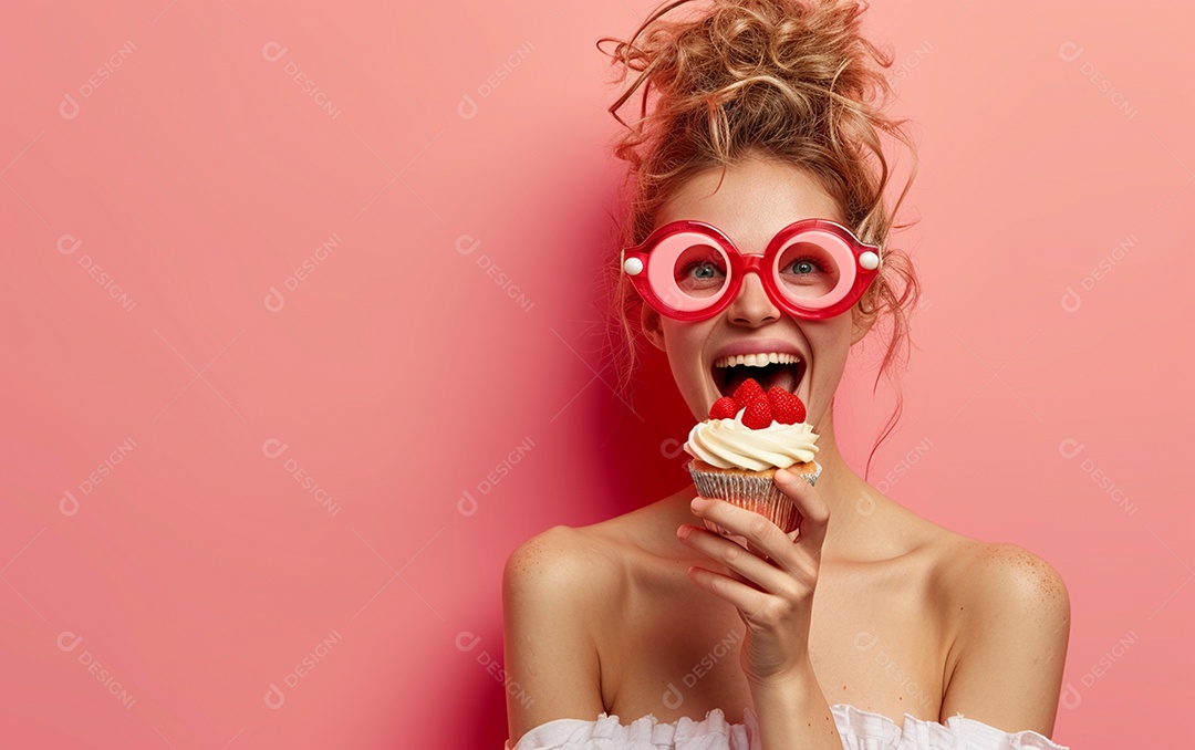 Mulher feliz usando óculos de novidade segurando cupcake