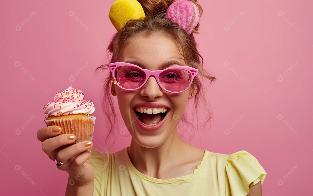 Mulher feliz usando óculos de novidade segurando cupcake