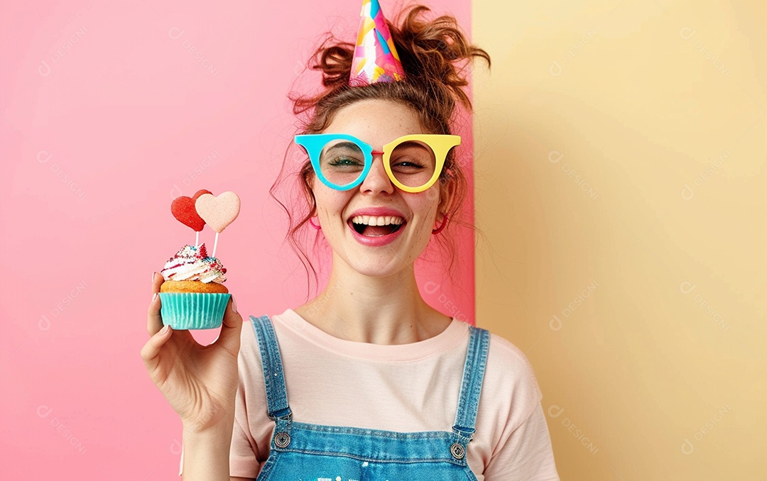 Mulher feliz usando óculos de novidade segurando cupcake