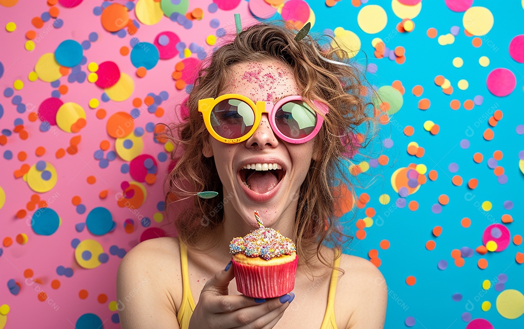 Mulher feliz usando óculos de novidade segurando cupcake