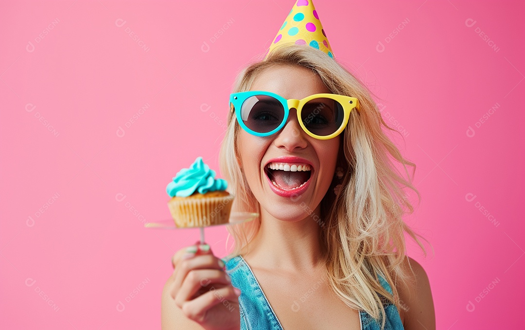 Mulher feliz usando óculos de novidade segurando cupcake