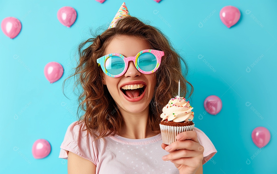 Mulher feliz usando óculos de novidade segurando cupcake