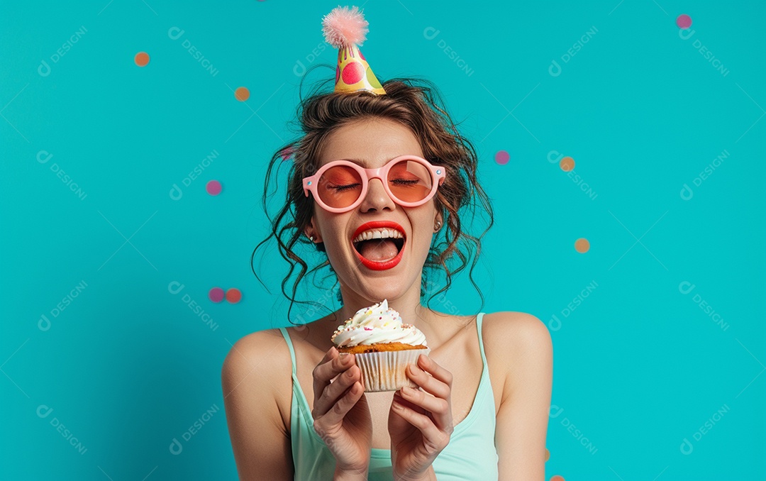 Mulher feliz usando óculos de novidade segurando cupcake