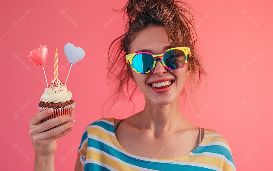 Mulher feliz usando óculos de novidade segurando cupcake