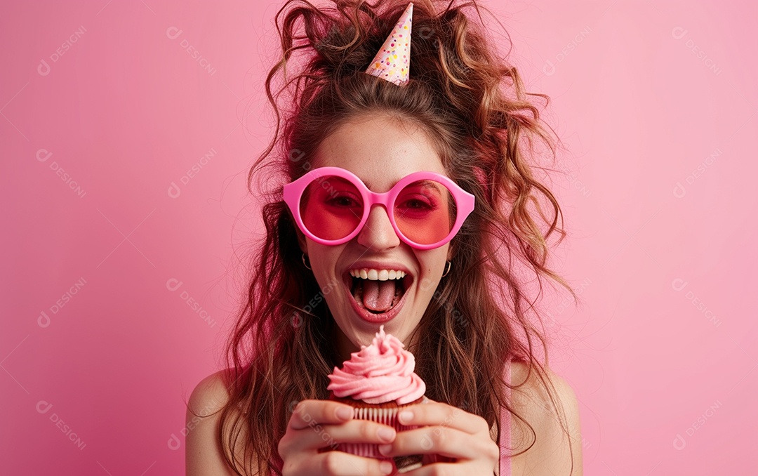 Mulher feliz usando óculos de novidade segurando cupcake