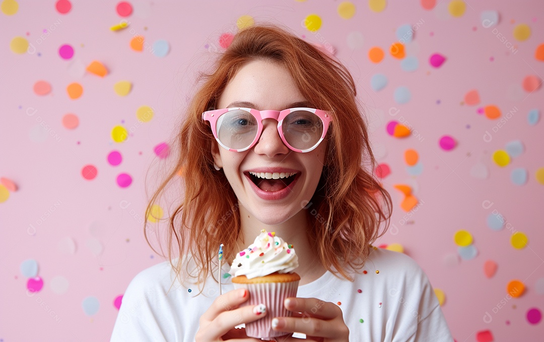 Mulher feliz usando óculos de novidade segurando cupcake