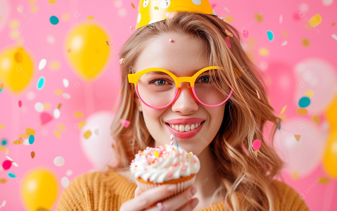 Mulher feliz usando óculos de novidade segurando cupcake