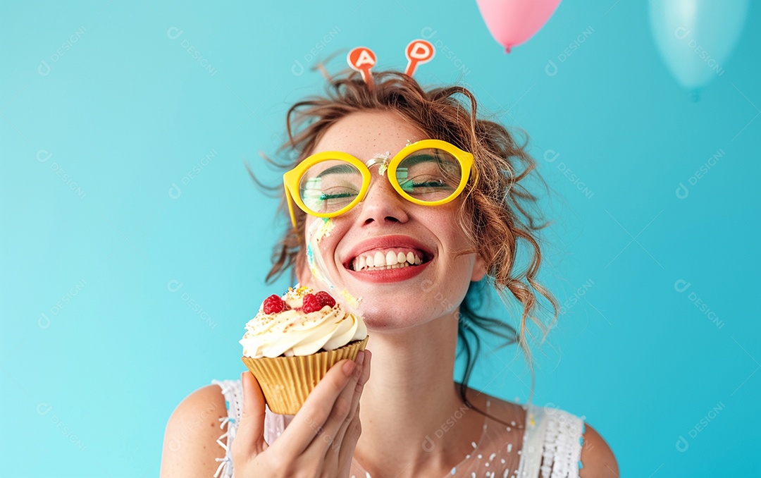 Mulher feliz usando óculos de novidade segurando cupcake