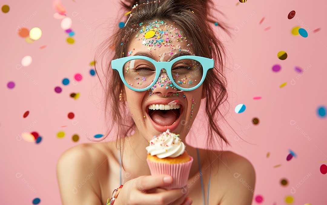 Mulher feliz usando óculos de novidade segurando cupcake