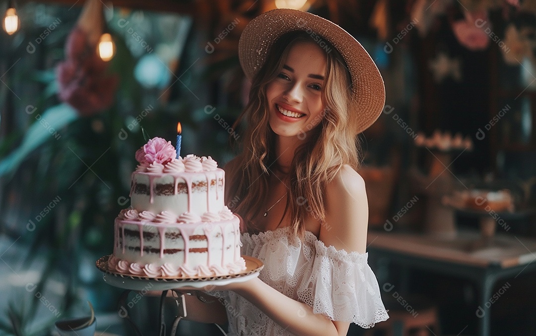 Mulher branca magra em roupa romântica posando com bolo de aniversário