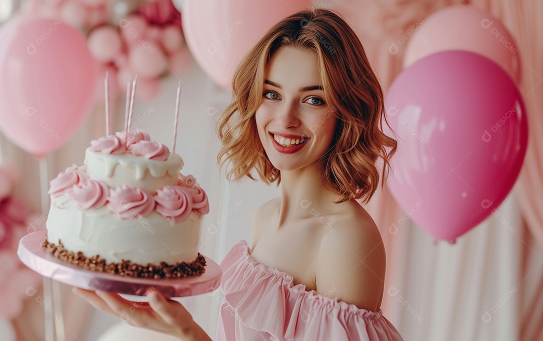 Mulher branca magra em roupa romântica posando com bolo de aniversário