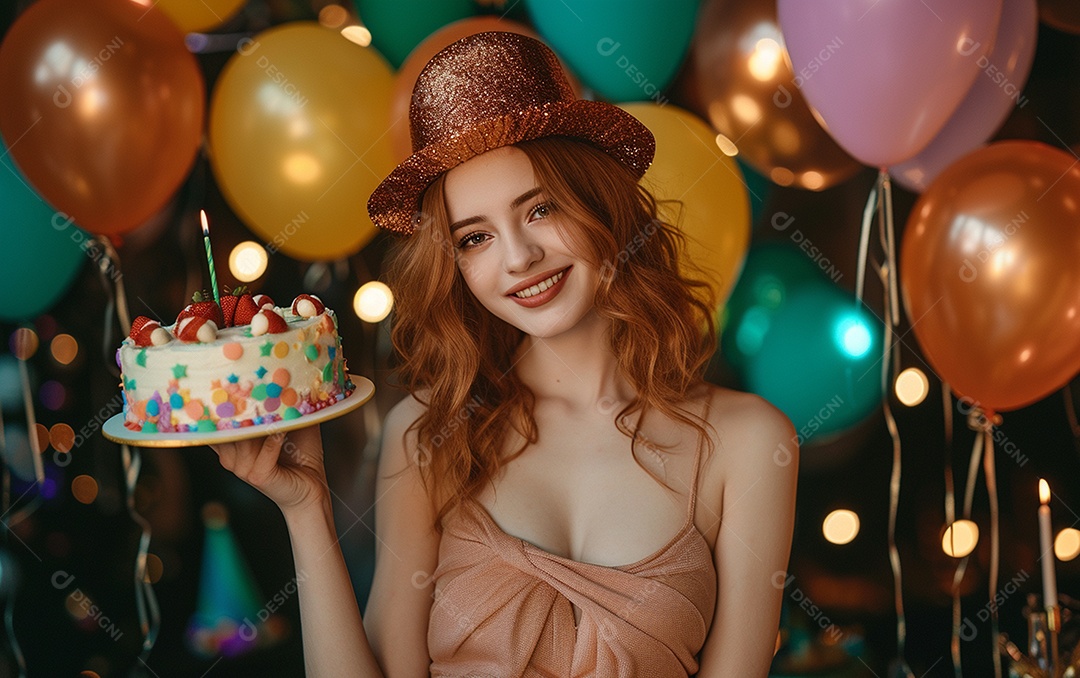 Mulher branca magra em roupa romântica posando com bolo de aniversário