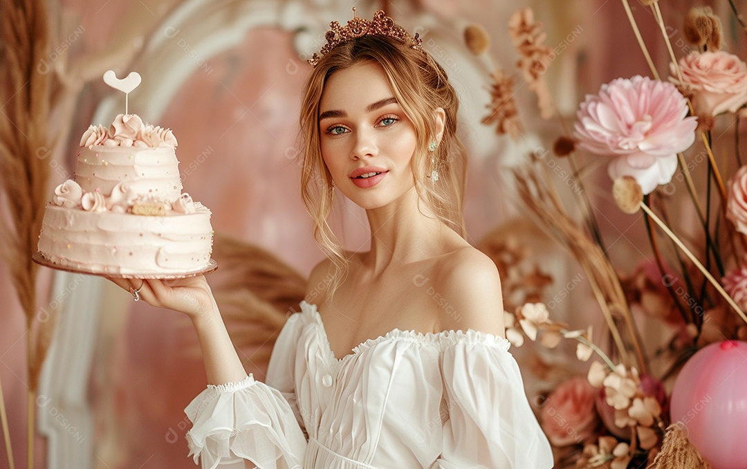 Mulher branca magra em roupa romântica posando com bolo de aniversário