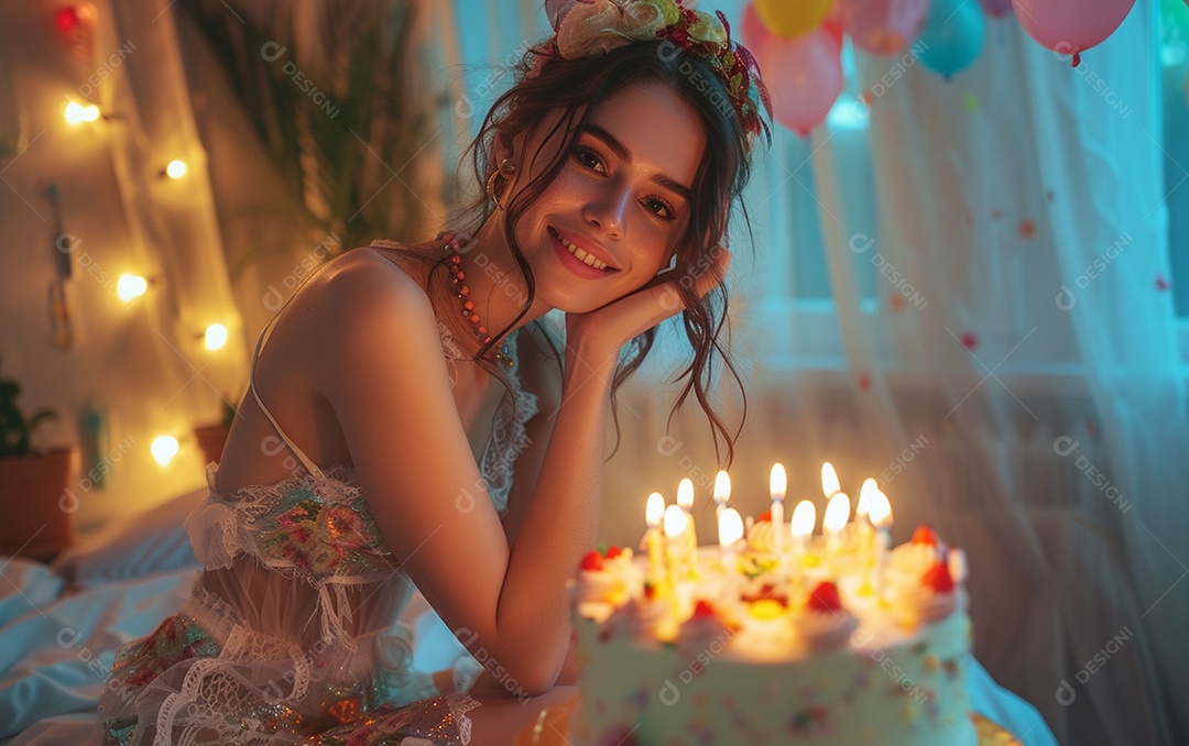 Mulher branca magra em roupa romântica posando com bolo de aniversário