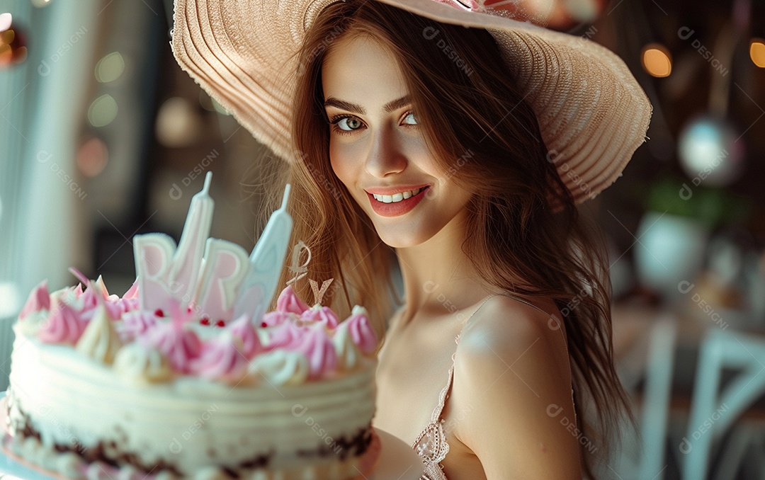 Mulher branca magra em roupa romântica posando com bolo de aniversário